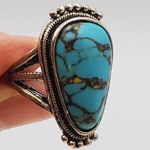 Faux Turquoise Pear Shaped Cabochon Silver Metal Ring Art Deco Ornate Bezel